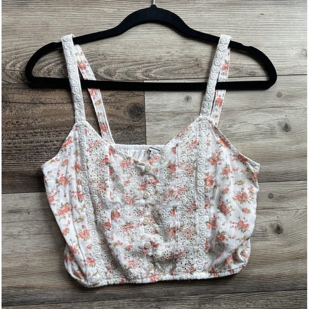 American Eagle Creme Peach Cropped Floral Embroidered Crop Boho Tank Womens M